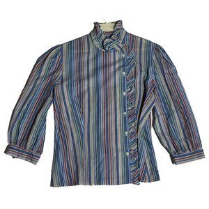 Vintage Notches Women Blue Striped Long Sleeve Button Up Shirt Size 9